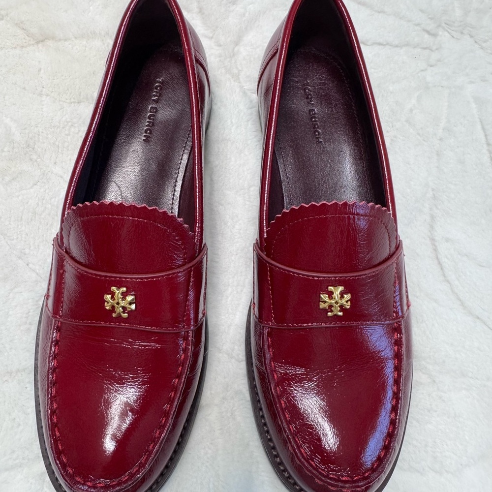 Tory Burch Burgundy Patent Leather Penny Loafers with Gold Logo
